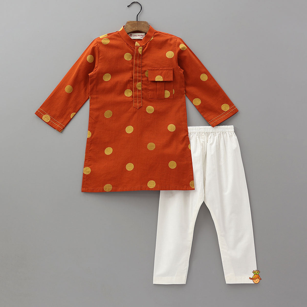 Pre Order: Front Placket Polka Dot Printed Ethnic Kurta And Pyjama