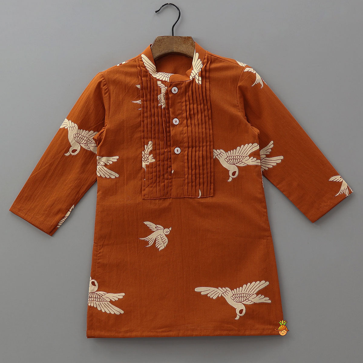 Pre Order: Front Placket Bird Printed Cotton Kurta And Pyjama
