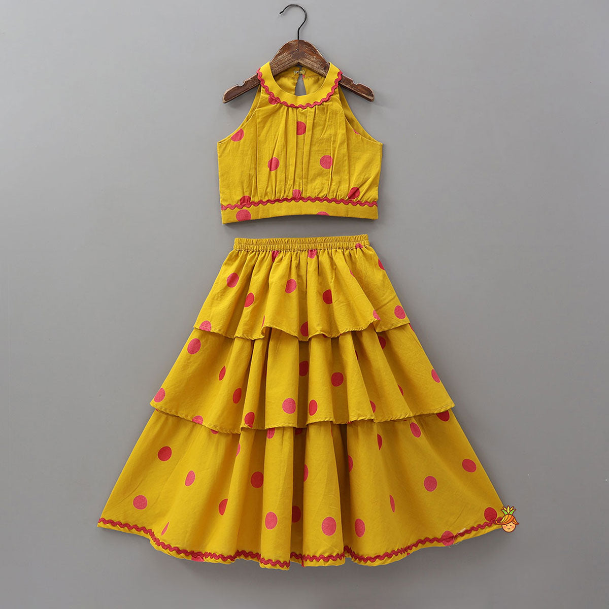 Pre Order: Polka Dot Printed Cotton Crop Top And Layered Lehenga