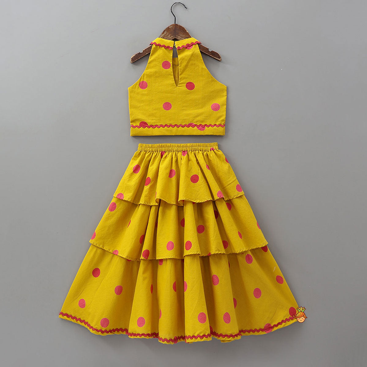 Pre Order: Polka Dot Printed Cotton Crop Top And Layered Lehenga
