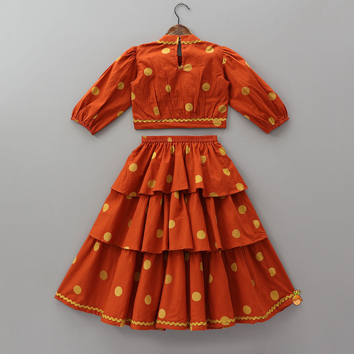 Pre Order: Stylish Sleeves Printed Crop Top And Layered Lehenga
