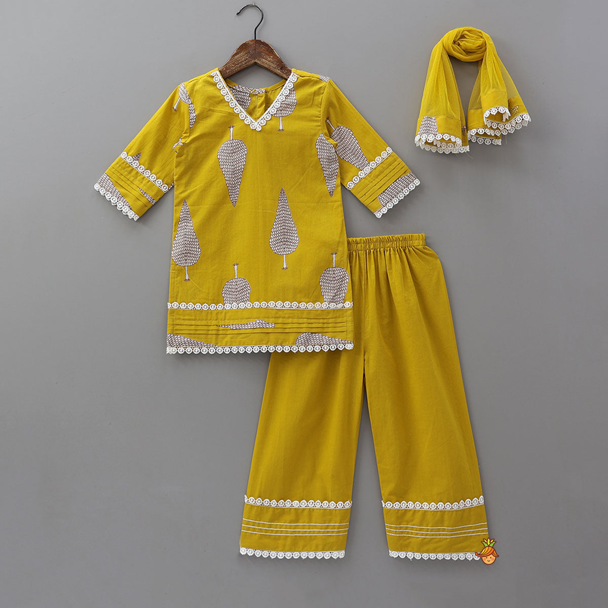 Pre Order: V Neck Kurti With Farsi Pant And Dupatta
