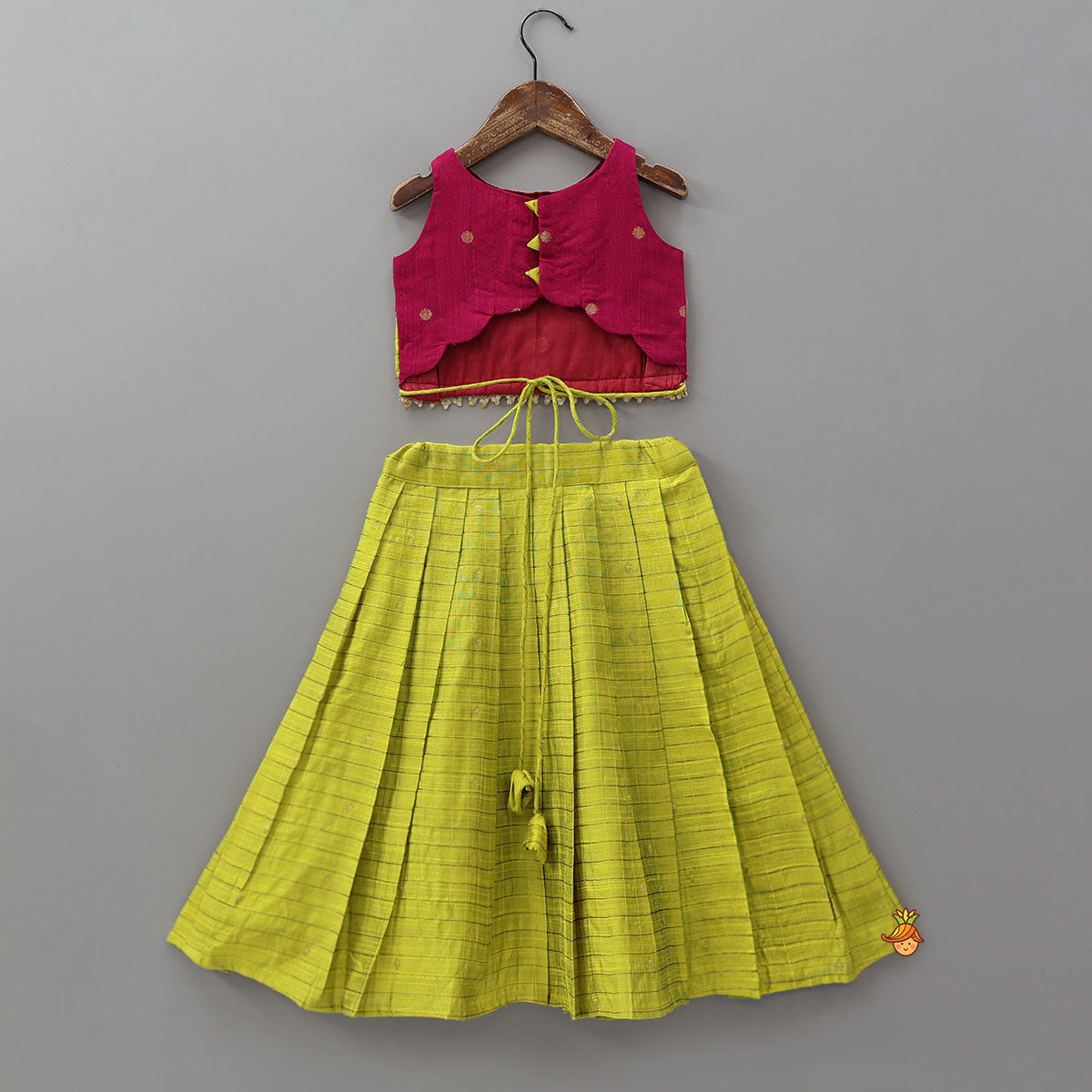 Pre Order: Booti Motif Crop Top And Pleated Checkered Lehenga