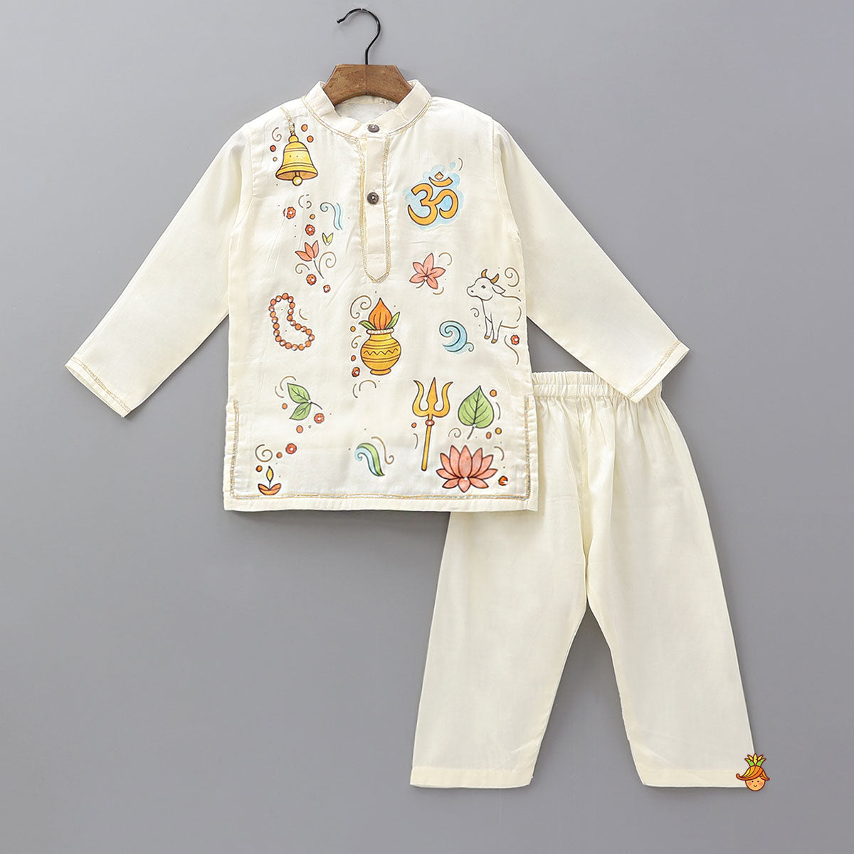 Pre Order: Religious Motif Printed Cotton Kurta And Pyjama