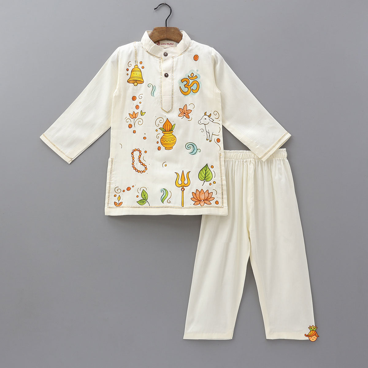 Pre Order: Religious Motif Printed Cotton Kurta And Pyjama