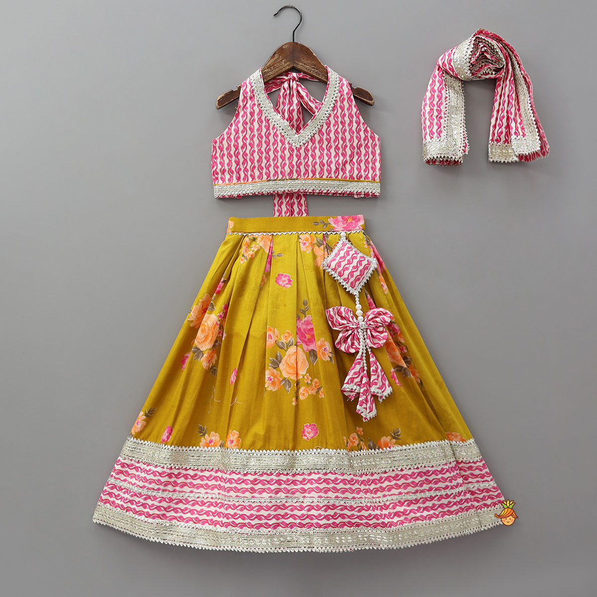 Elegant Printed Halter Neck Crop Top And Lehenga With Matching Dupatta