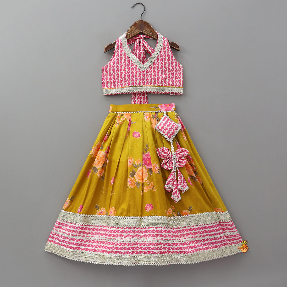 Elegant Printed Halter Neck Crop Top And Lehenga With Matching Dupatta