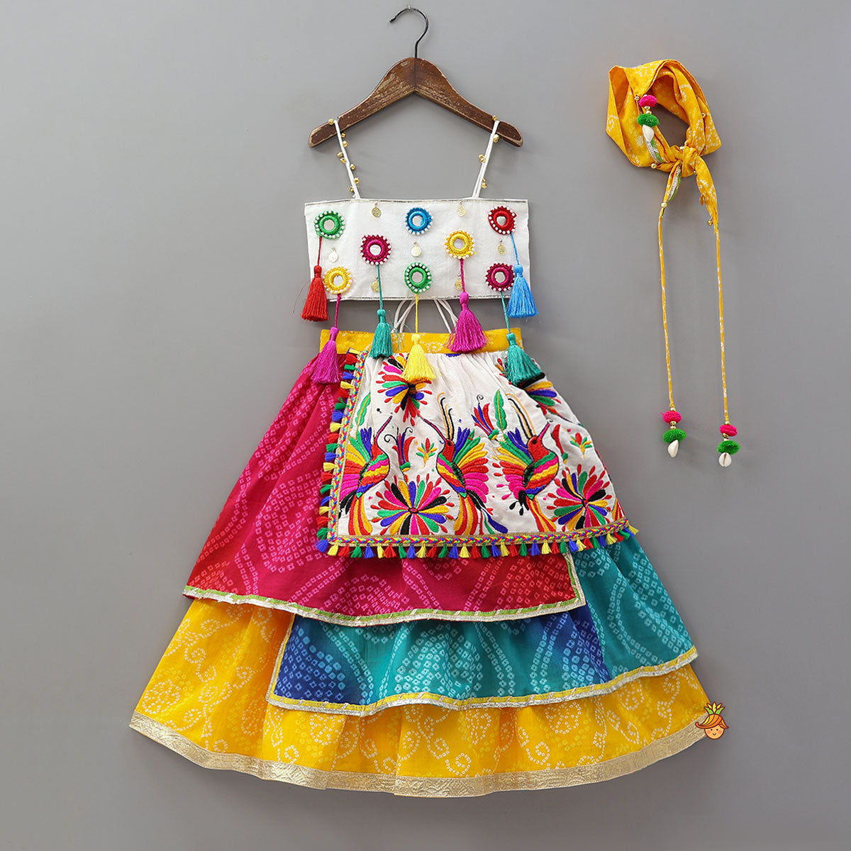 Pre Order: Faux Mirror Work Strappy Crop Top With Tiered Lehenga And Headscarf