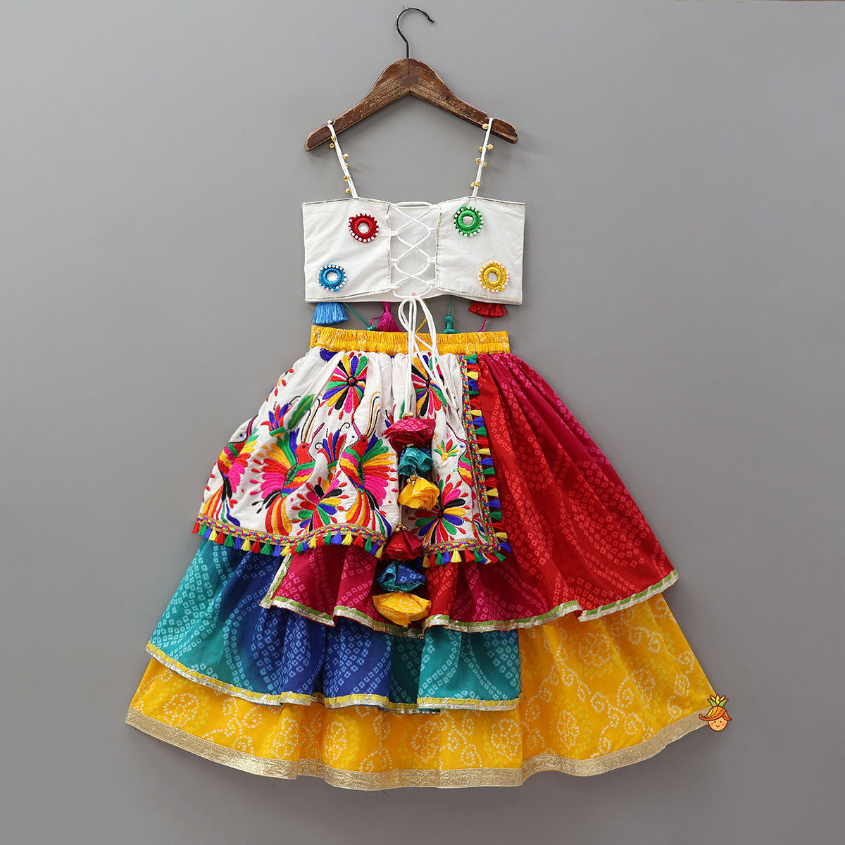 Pre Order: Faux Mirror Work Strappy Crop Top With Tiered Lehenga And Headscarf