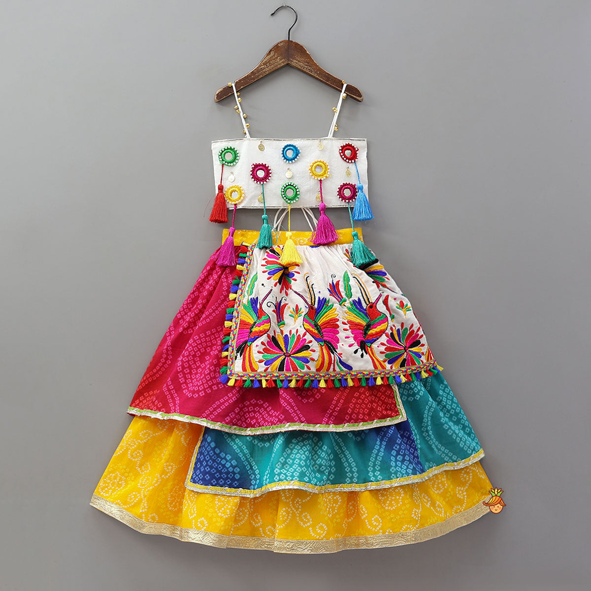 Pre Order: Faux Mirror Work Strappy Crop Top With Tiered Lehenga And Headscarf