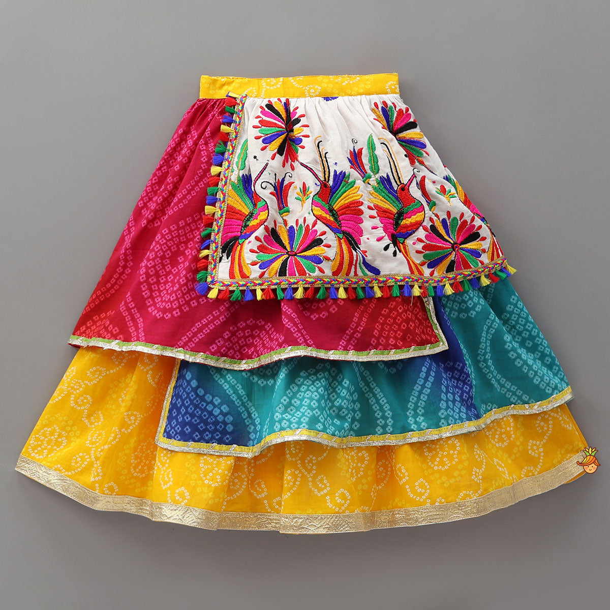 Pre Order: Faux Mirror Work Strappy Crop Top With Tiered Lehenga And Headscarf