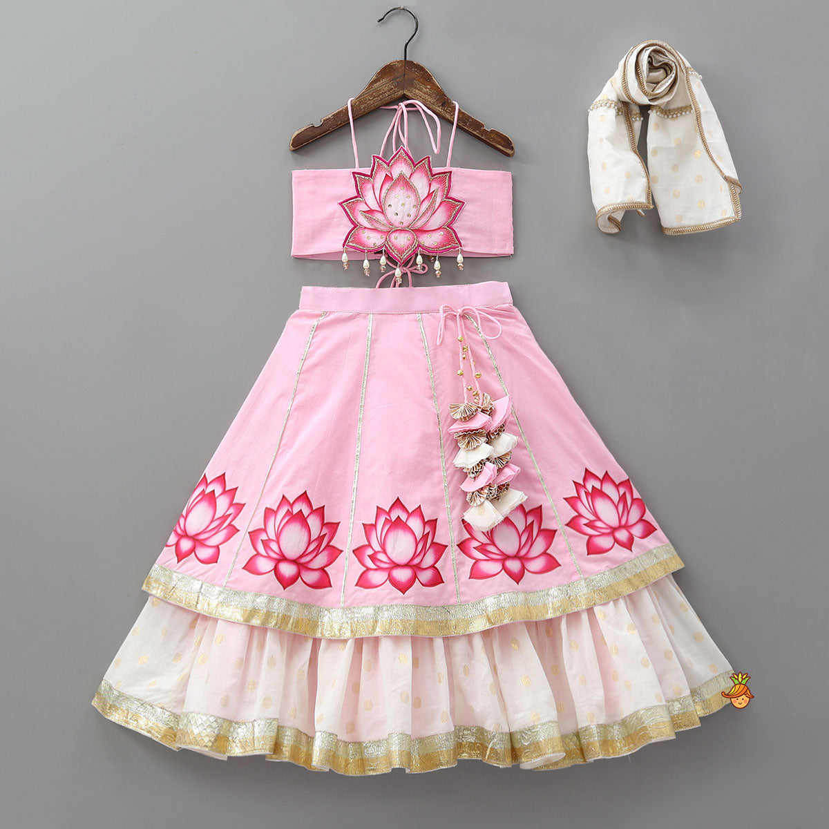 Pre Order: Lotus Motif Halter Top With Tiered Flared Lehenga And Dupatta