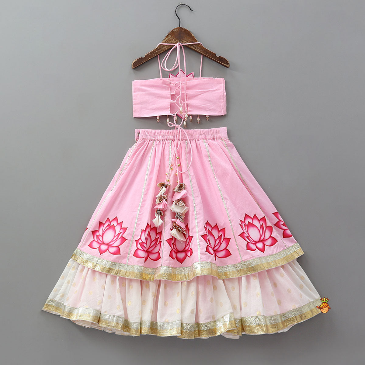 Pre Order: Lotus Motif Halter Top With Tiered Flared Lehenga And Dupatta