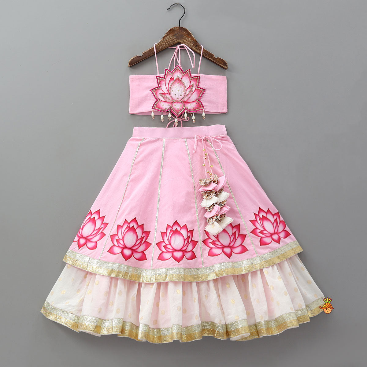 Pre Order: Lotus Motif Halter Top With Tiered Flared Lehenga And Dupatta