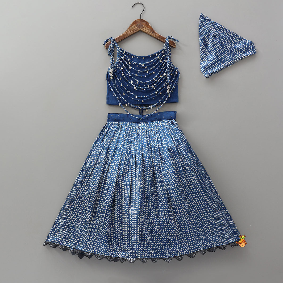 Pre Order: Layered Embellished Top With Printed Lehenga And Bandana