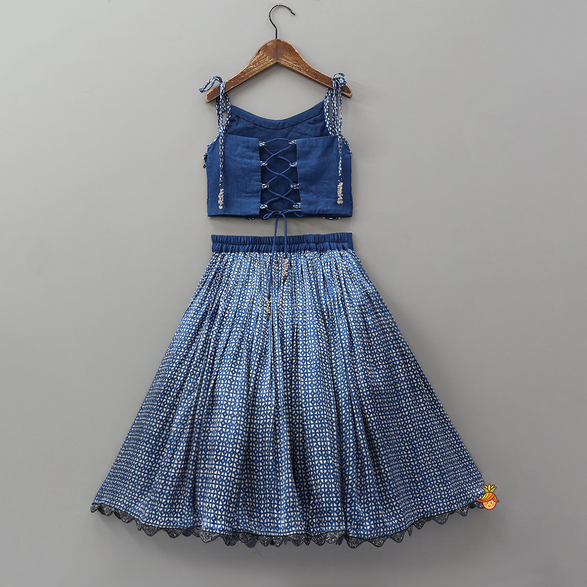 Pre Order: Layered Embellished Top With Printed Lehenga And Bandana