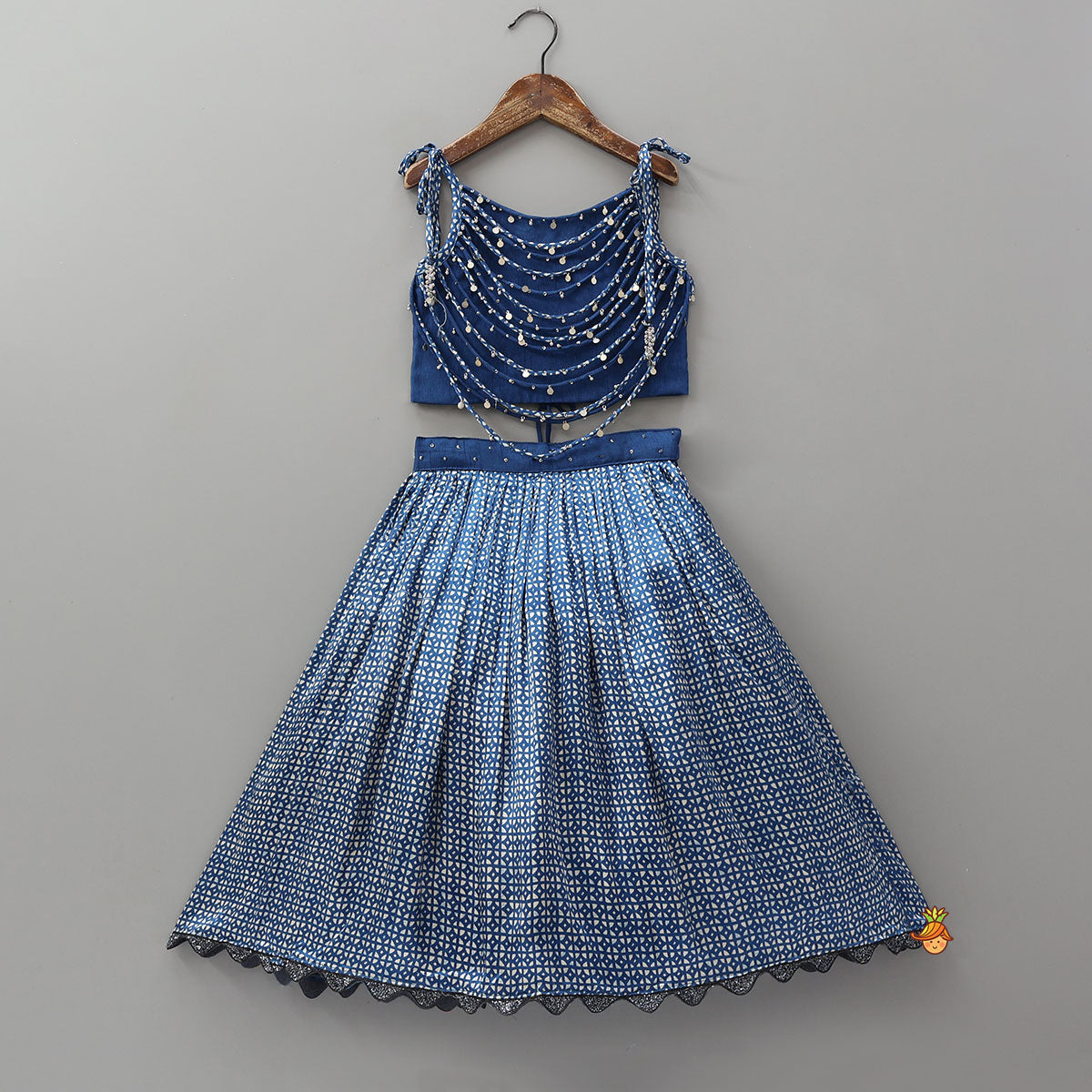 Pre Order: Layered Embellished Top With Printed Lehenga And Bandana
