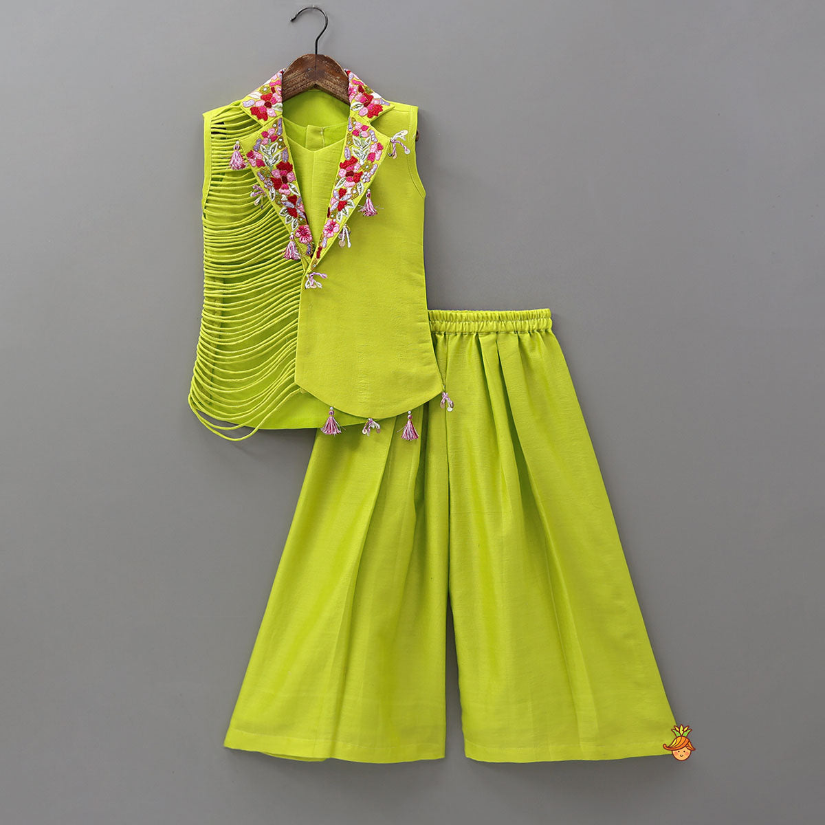 V-Neck Top With One-Sided Layered String Detail Jacket And Palazzo