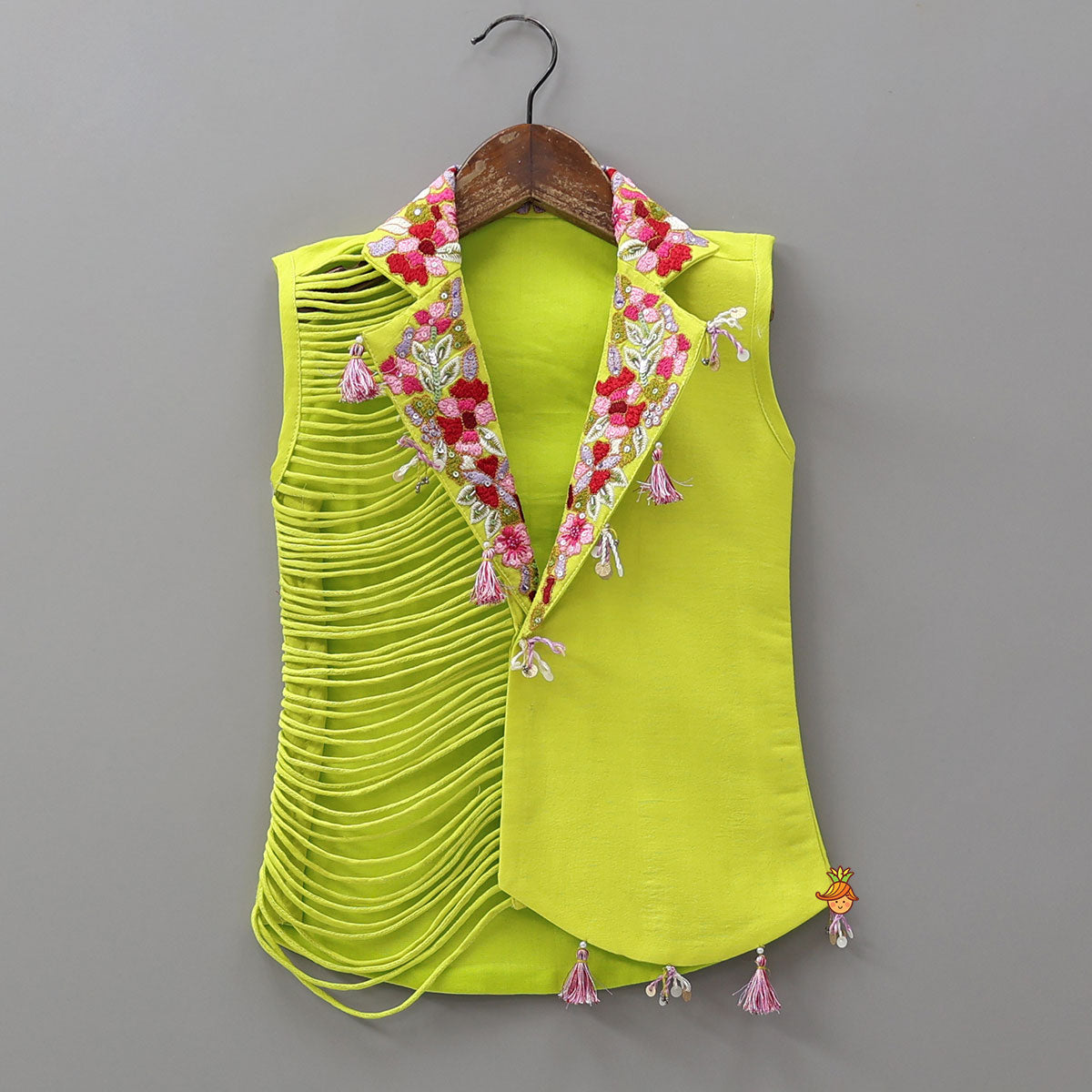 V-Neck Top With One-Sided Layered String Detail Jacket And Palazzo