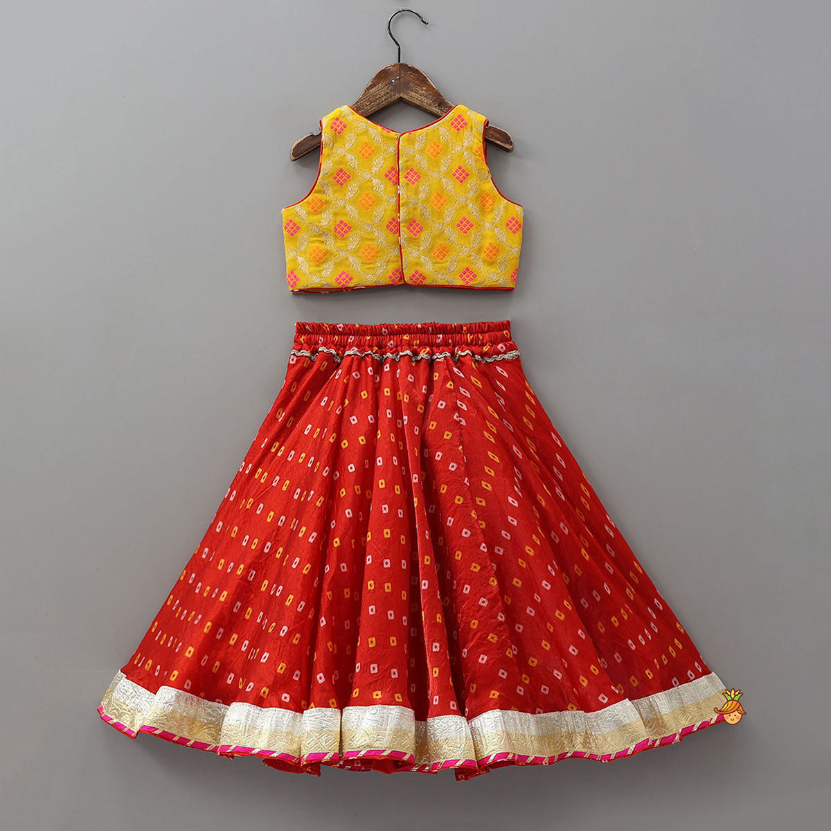 Pre Order: Stunning Crop Top And Tassel Detailed Bandhani Printed Sheen Lehenga With Dupatta