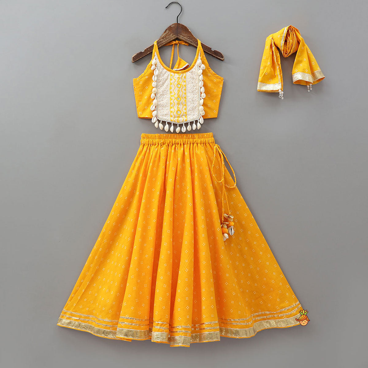 Lace Detailed Halter Neck Crop Top With Flared Lehenga And Dupatta