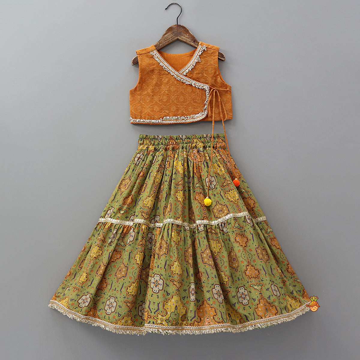 Pre Order: Lace Detailed Angarkha Top With Printed Lehenga