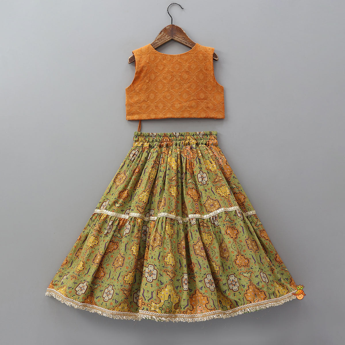 Pre Order: Lace Detailed Angarkha Top With Printed Lehenga