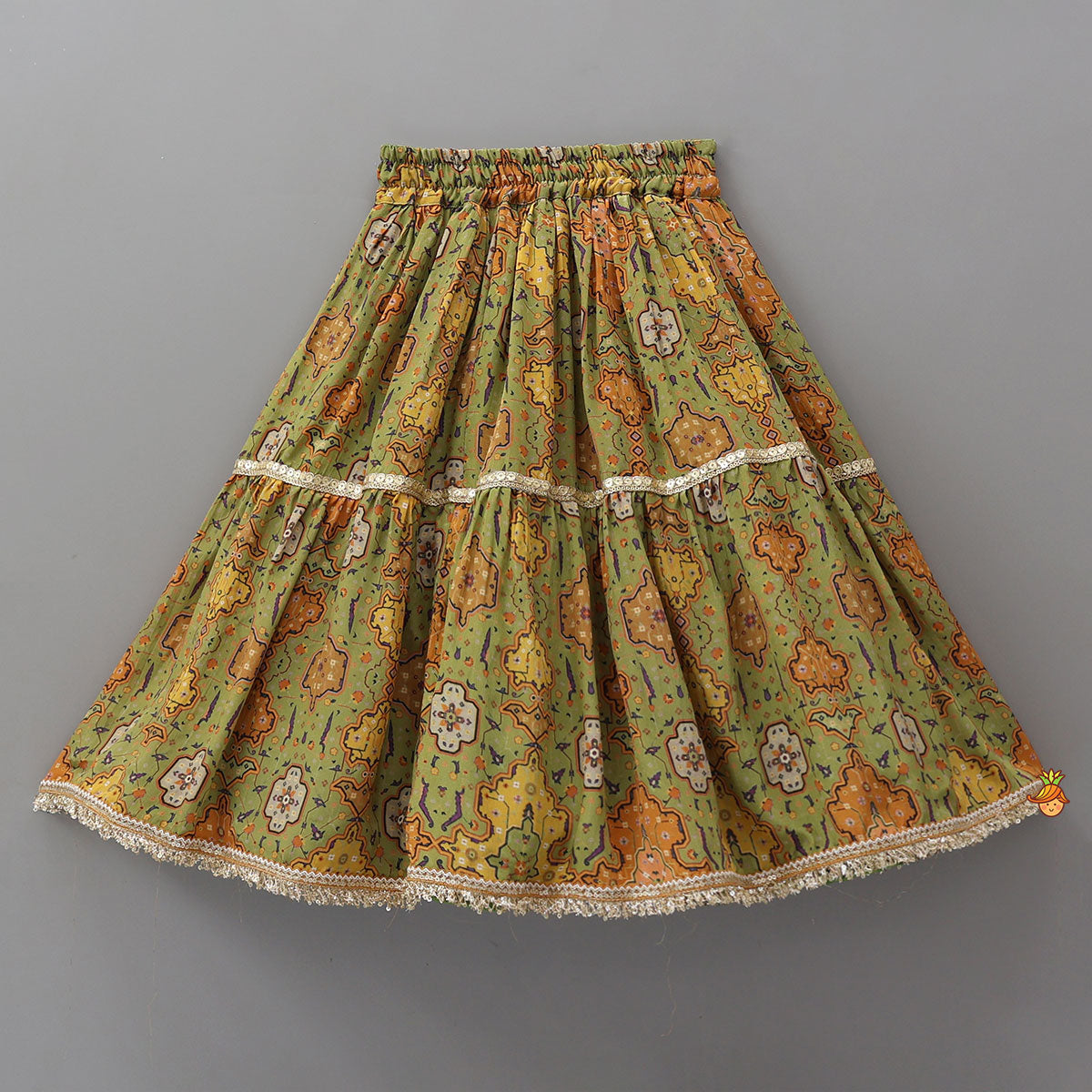Pre Order: Lace Detailed Angarkha Top With Printed Lehenga