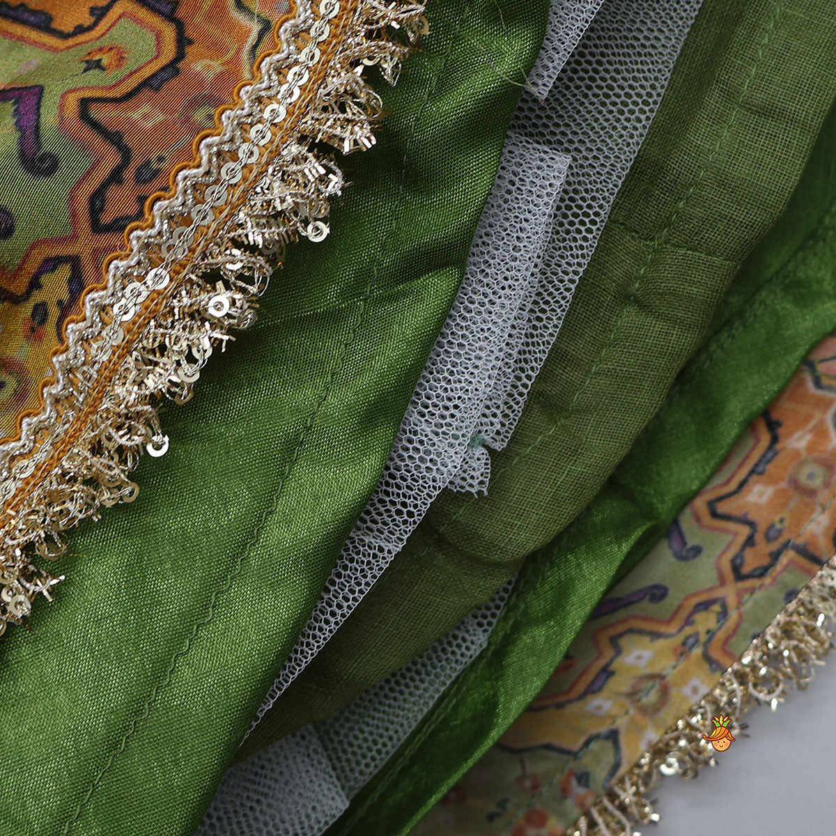 Pre Order: Lace Detailed Angarkha Top With Printed Lehenga