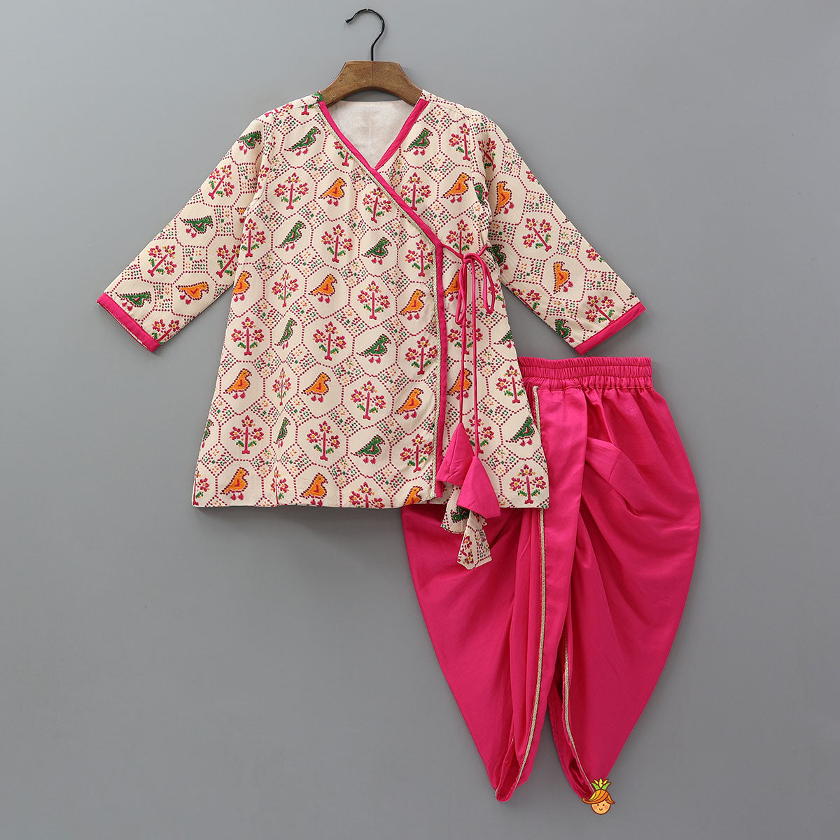 Pre Order: Angarkha Style Printed Kurta And Contrasting Dhoti