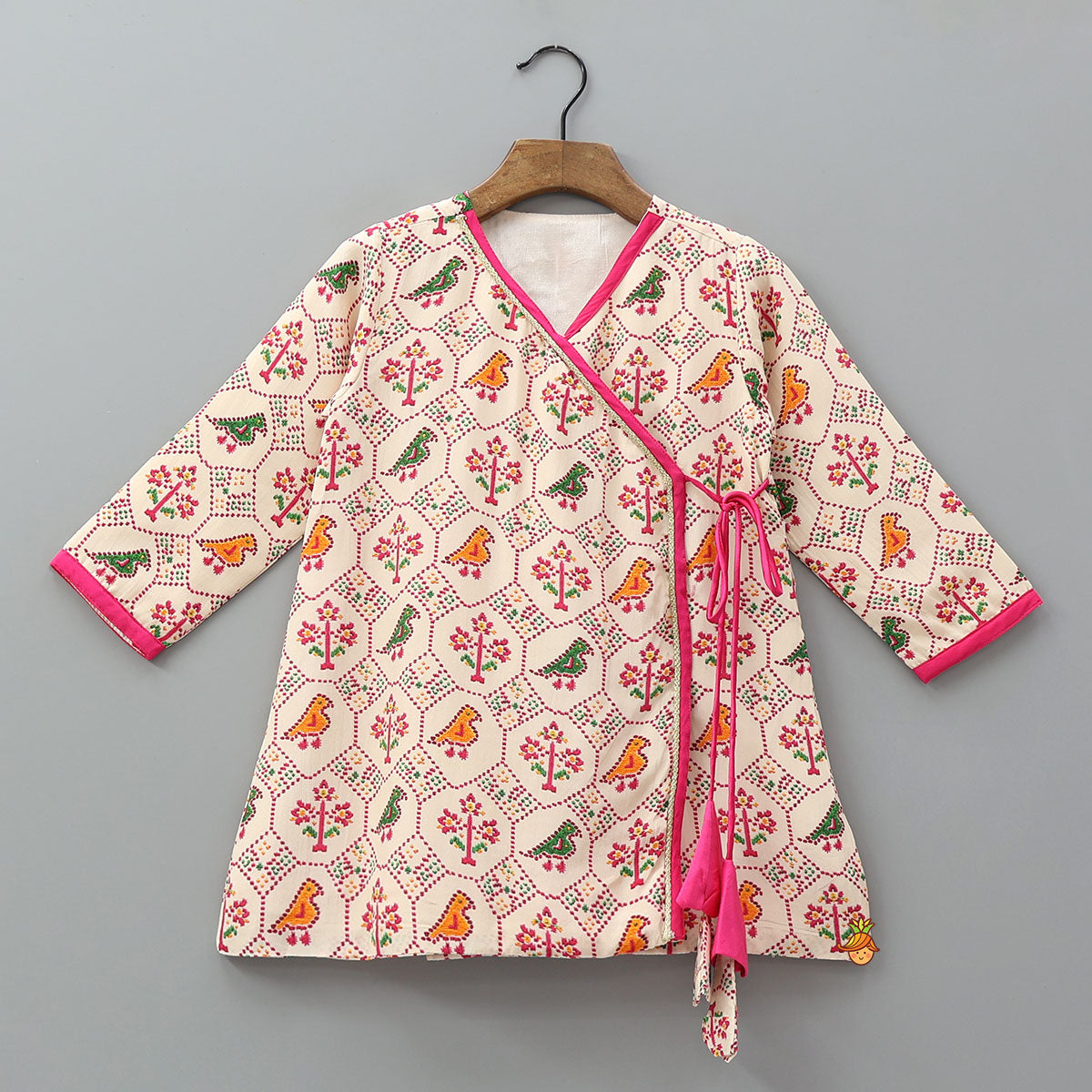 Pre Order: Angarkha Style Printed Kurta And Contrasting Dhoti