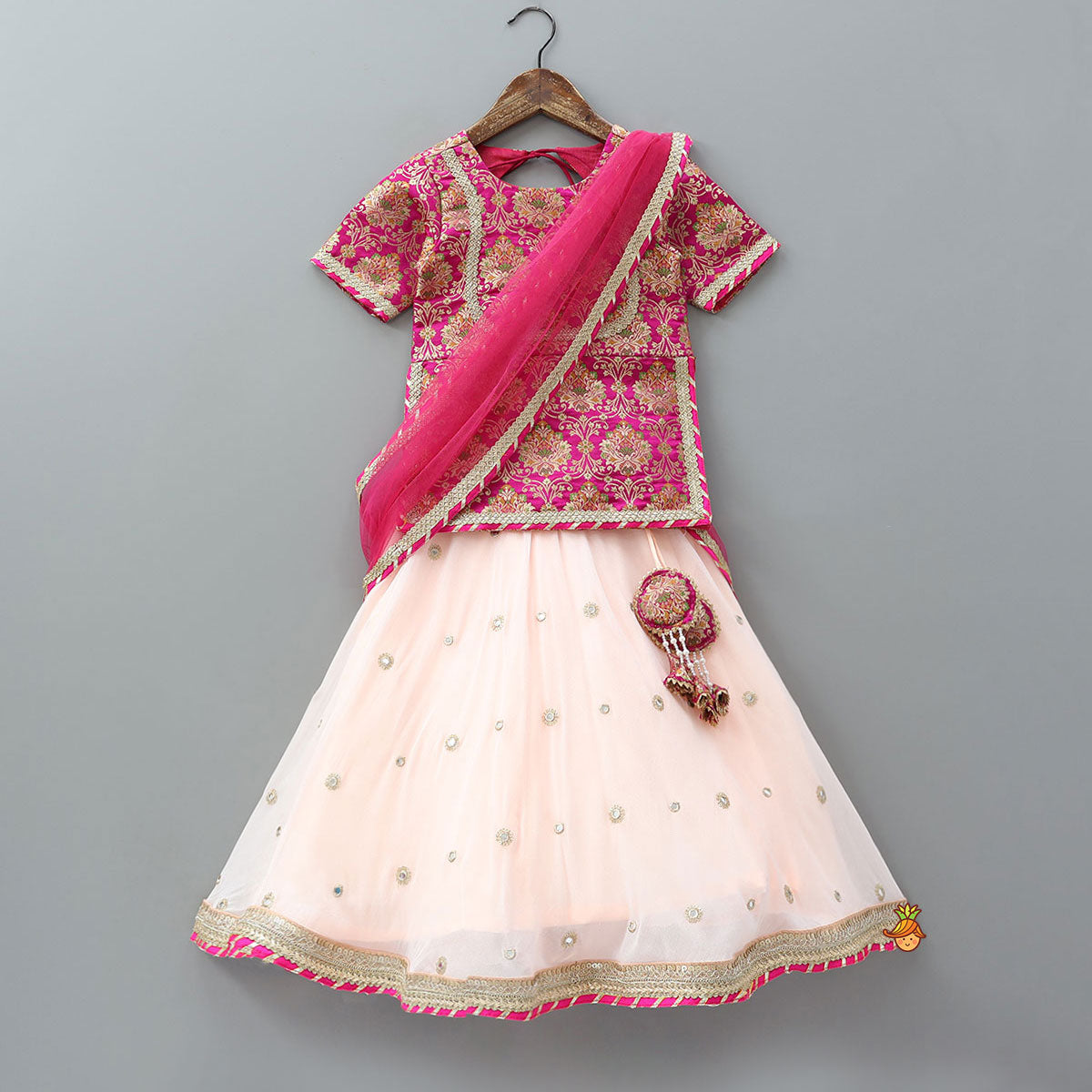 Pre Order: Side-Slit Brocade Top And Lehenga With Attached Dupatta
