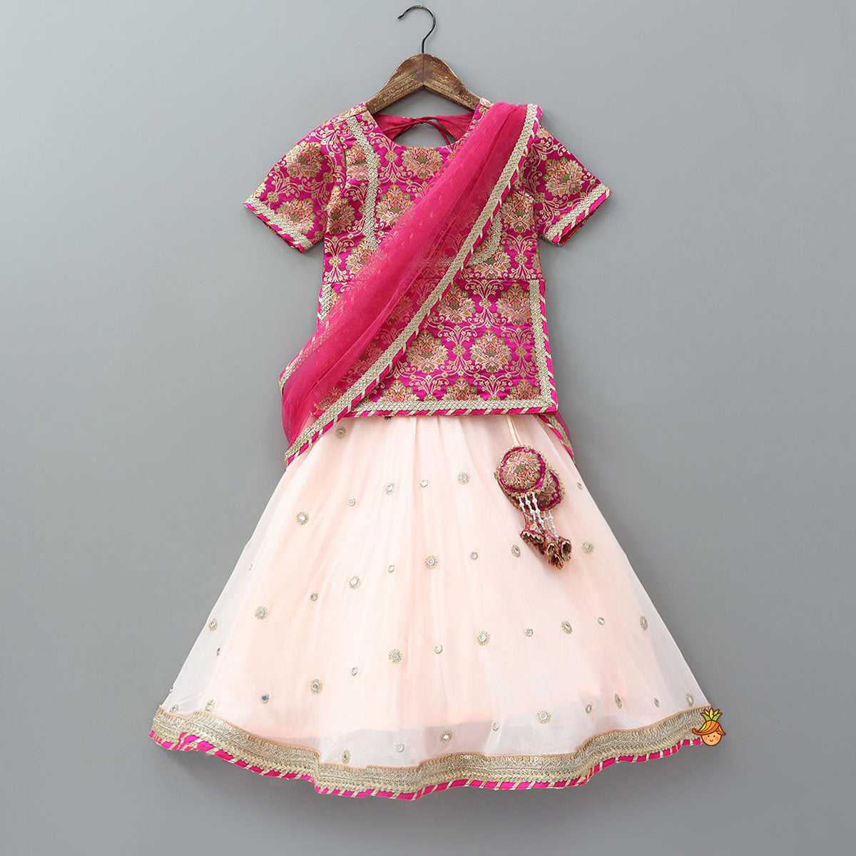 Pre Order: Side-Slit Brocade Top And Lehenga With Attached Dupatta