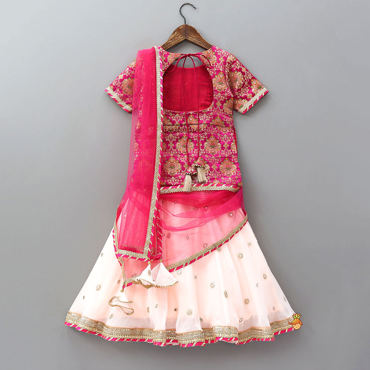 Pre Order: Side-Slit Brocade Top And Lehenga With Attached Dupatta