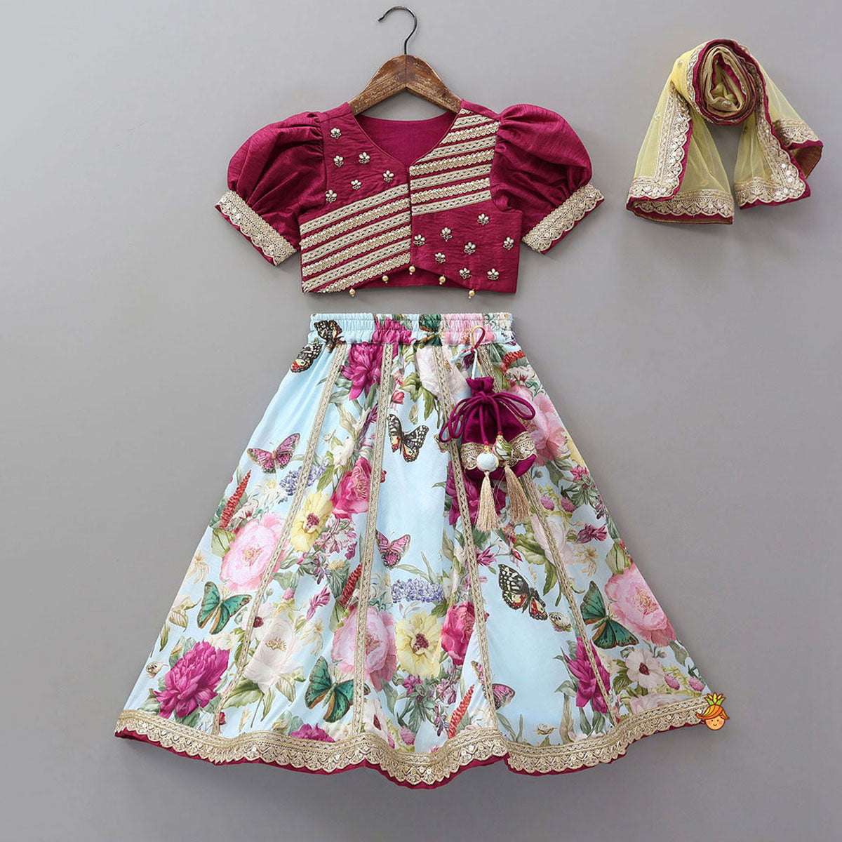 Pre Order: Lace Work Puff Sleeves Crop Top And Floral Printed Lehenga With Dupatta