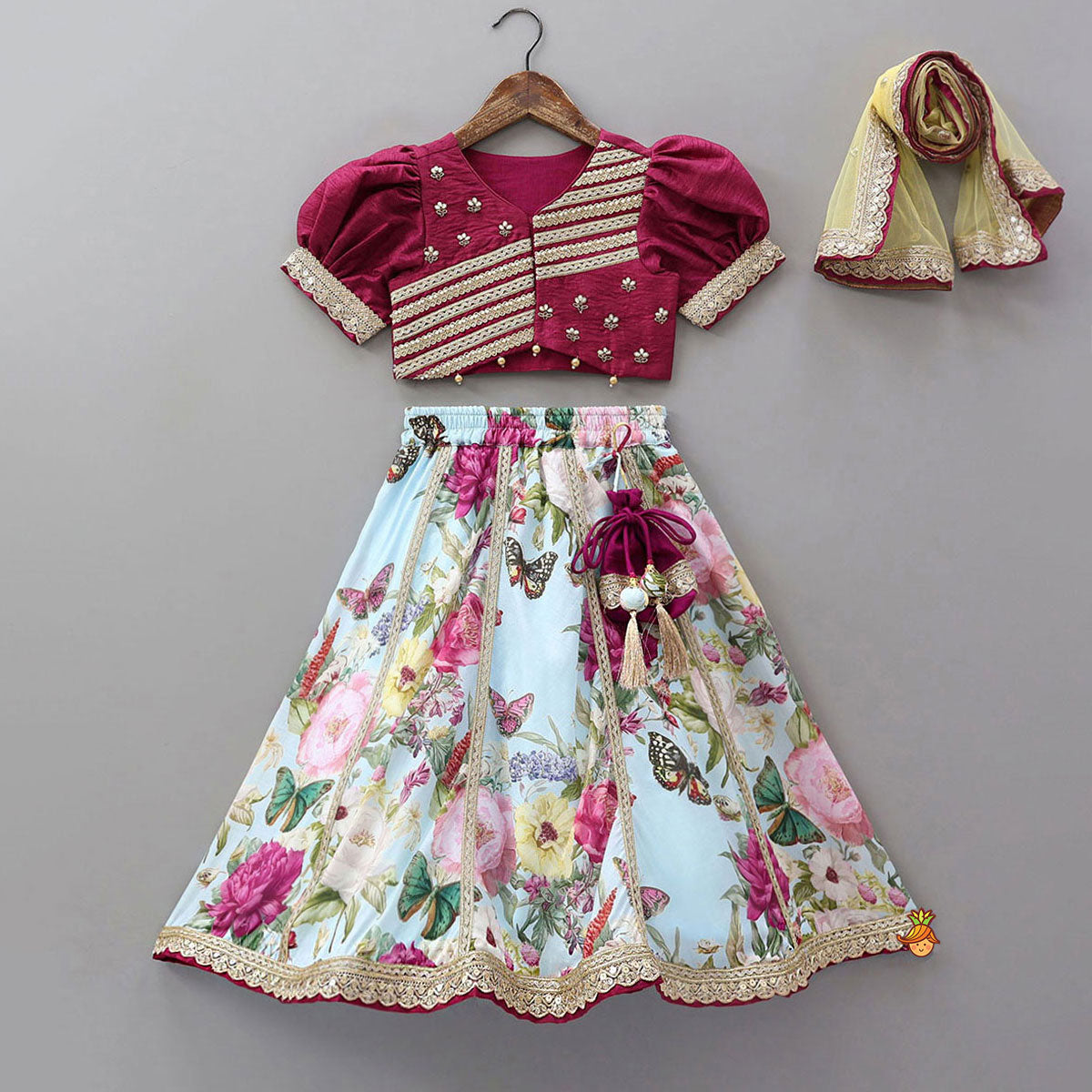 Pre Order: Lace Work Puff Sleeves Crop Top And Floral Printed Lehenga With Dupatta