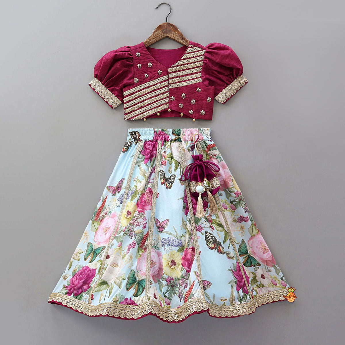 Pre Order: Lace Work Puff Sleeves Crop Top And Floral Printed Lehenga With Dupatta