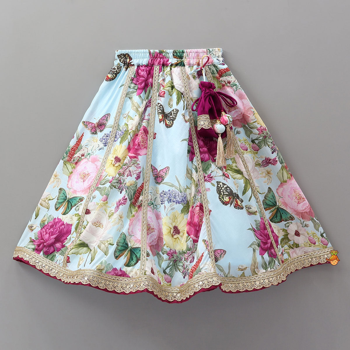 Pre Order: Lace Work Puff Sleeves Crop Top And Floral Printed Lehenga With Dupatta