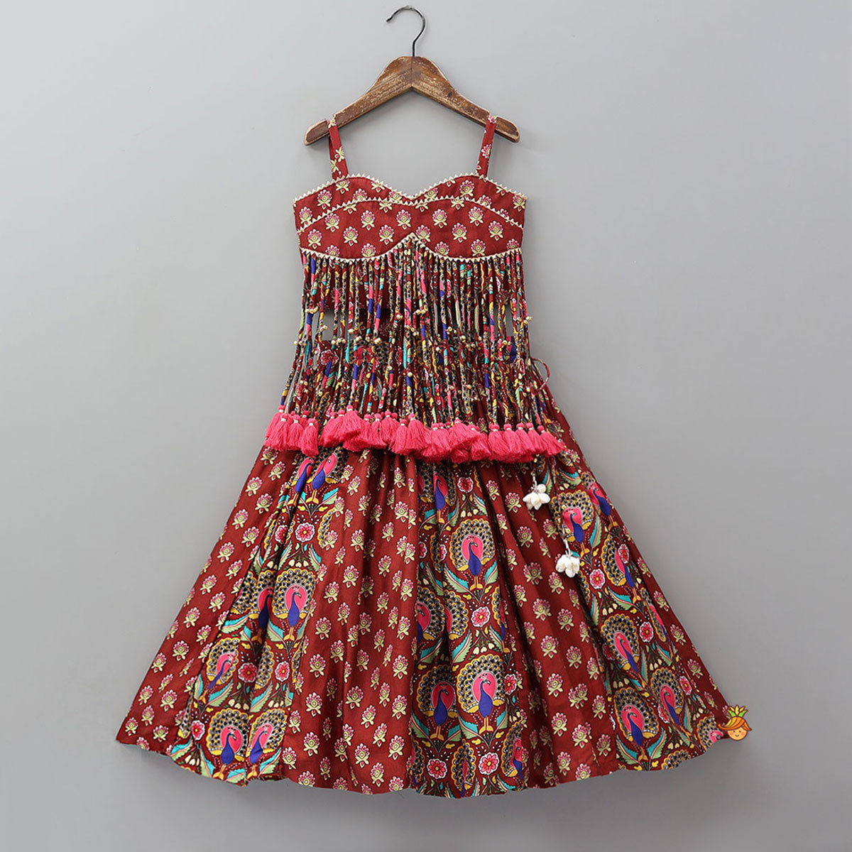Pre Order: Stunning Multiple Hanging Tassels Detailed Strappy Crop Top And Lehenga