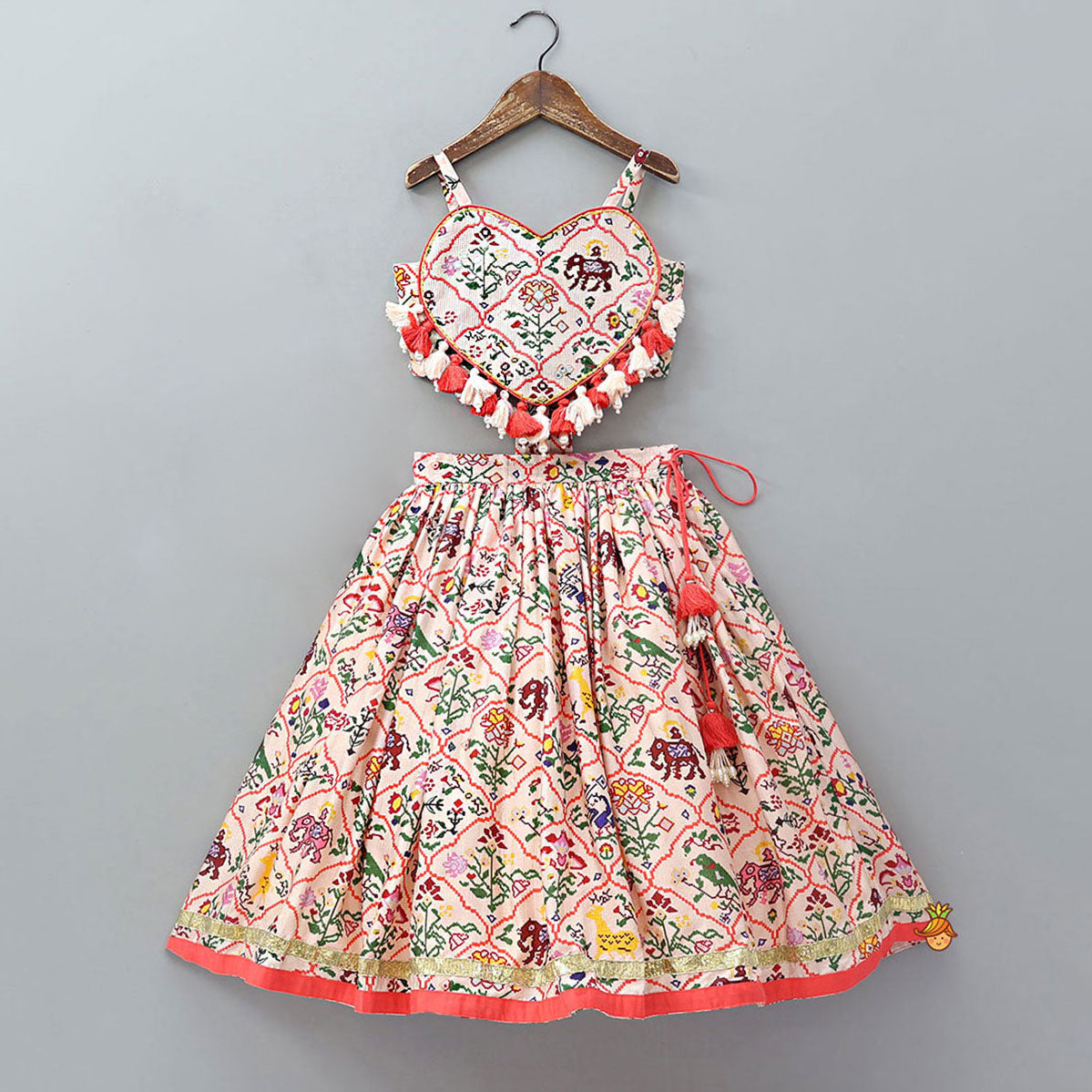 Pre Order: Heart Shaped Stylish Crop Top And Lehenga With Matching Bag