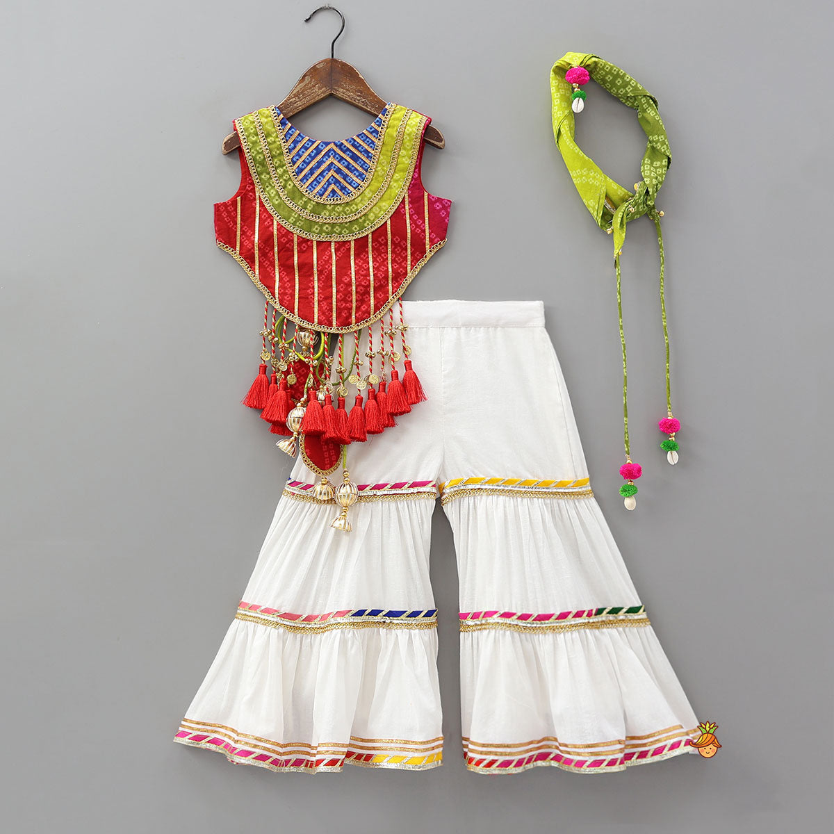 Pre Order: Curved Hem Bandhani Printed Top And Tiered Sharara With Bandhana
