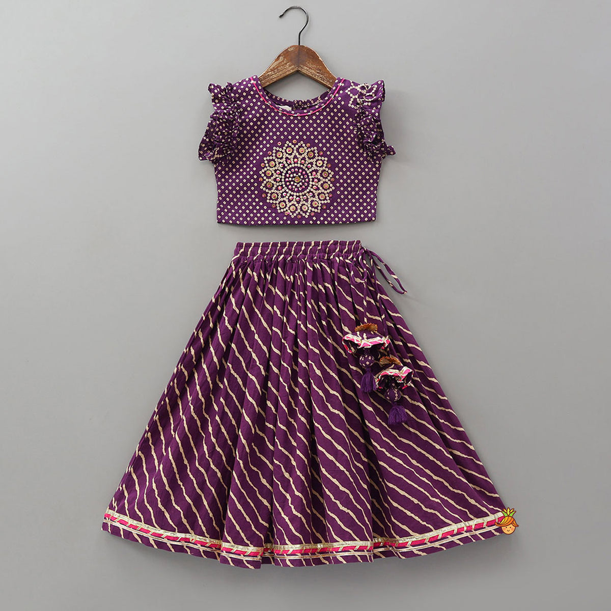Bandhani Printed Frill Detail Crop Top And Lehenga With Dupatta