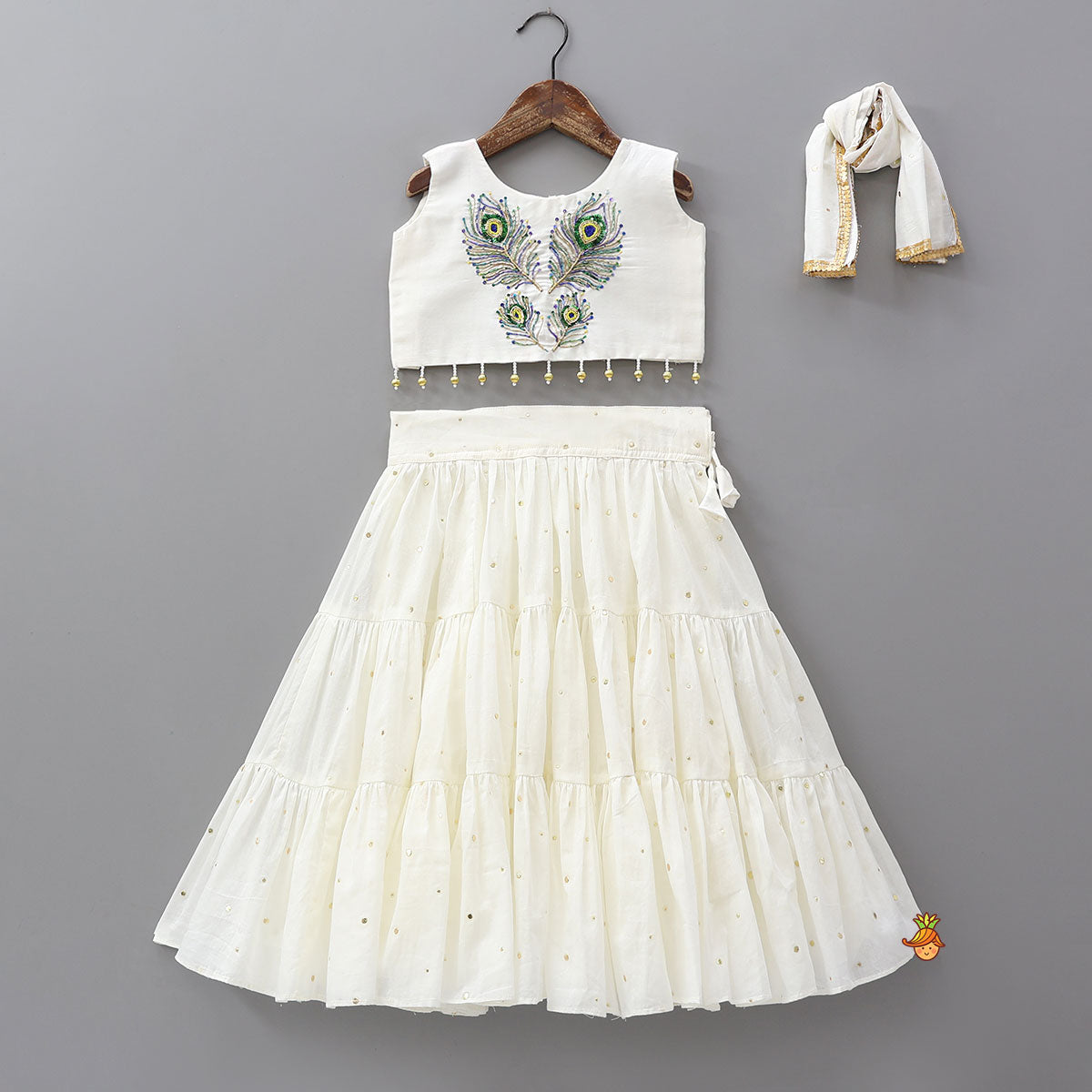 Pre Order: Hand Embroidered Festive Crop Top And Tiered Lehenga With Matching Dupatta