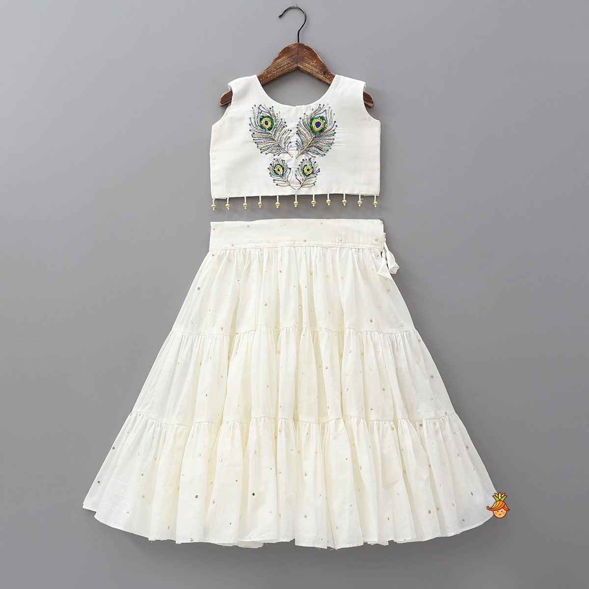 Pre Order: Hand Embroidered Festive Crop Top And Tiered Lehenga With Matching Dupatta