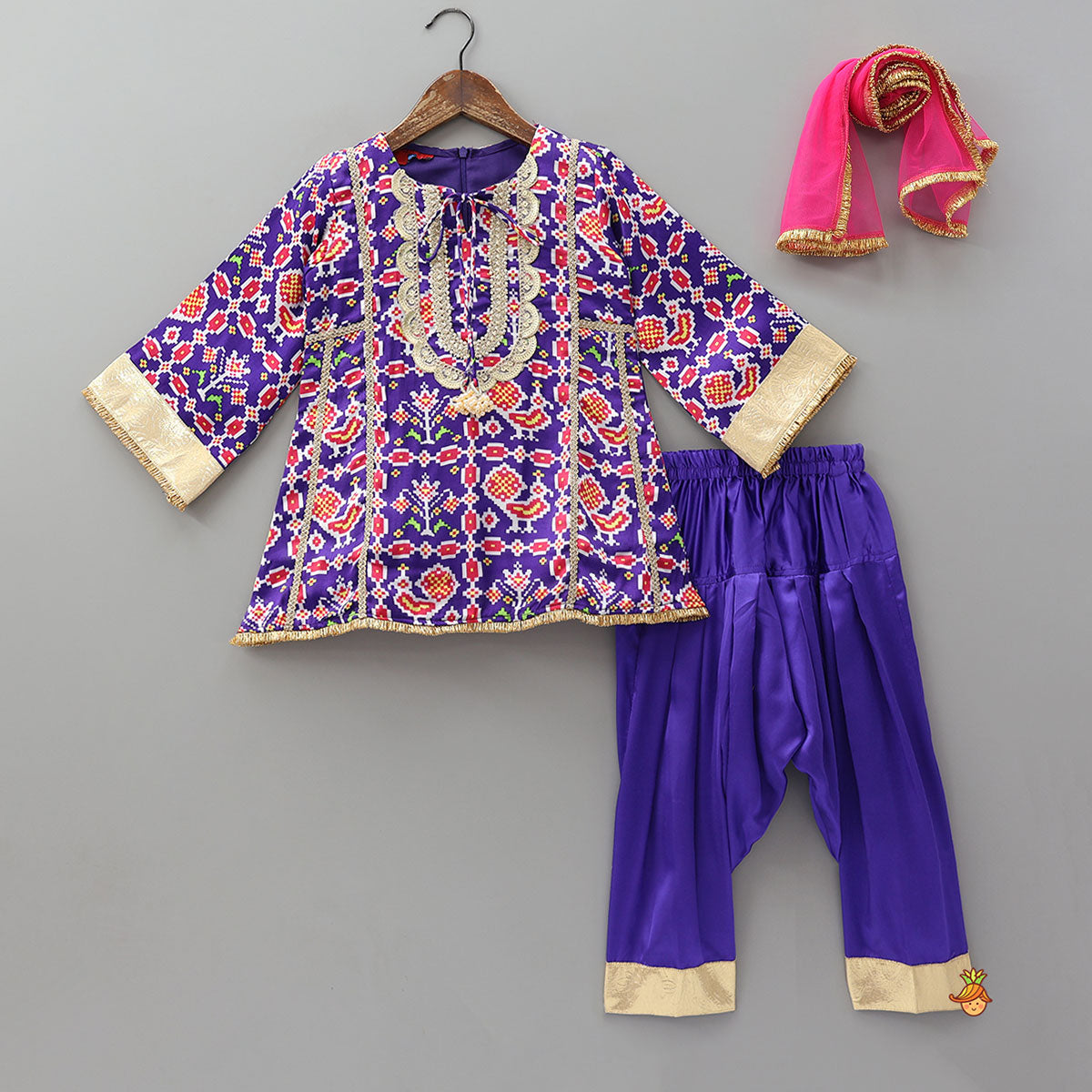 Pre Order: Front Knot Detail Patola Printed Kurti With Salwar And Contrasting Dupatta