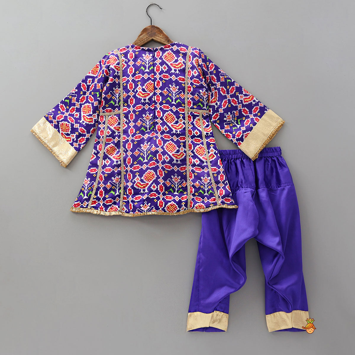 Pre Order: Front Knot Detail Patola Printed Kurti With Salwar And Contrasting Dupatta