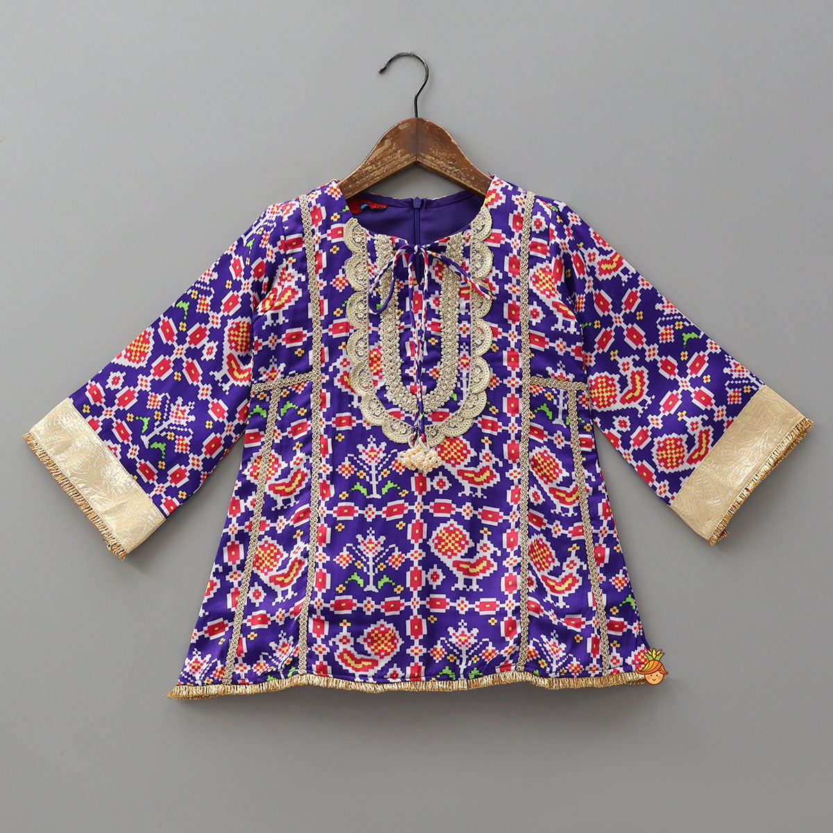 Pre Order: Front Knot Detail Patola Printed Kurti With Salwar And Contrasting Dupatta