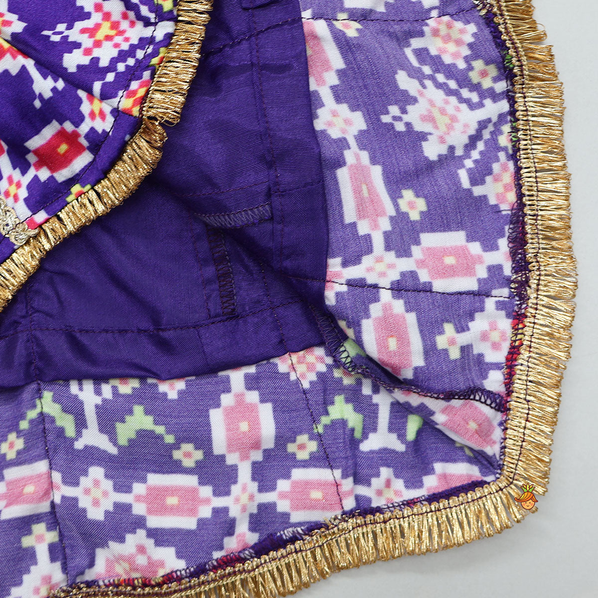 Pre Order: Front Knot Detail Patola Printed Kurti With Salwar And Contrasting Dupatta