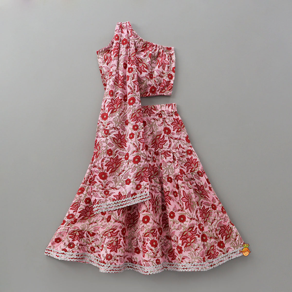 Pre Order: Hand Block Printed One Shoulder Drape Top And Lehenga