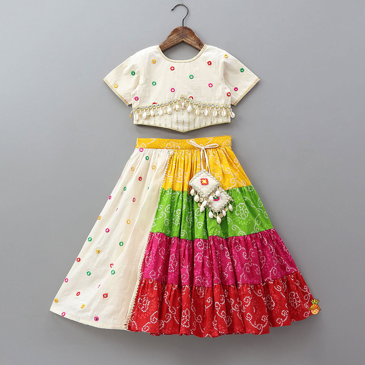 Pre Order: Exquisite Faux Mirror Embellished Crop Top With Multicolour Bandhani Printed Lehenga And Dupatta